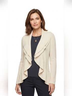 WHITE HOUSE BLACK MARKET WOMEN'S CREAM/GOLD FRONT OPEN RUFFLED, SWETER SIZE L.